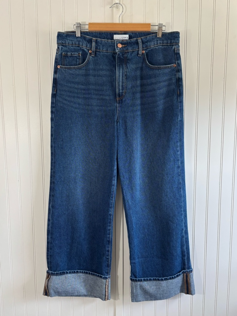 Talbots Loft Wide Leg Cropped Jeans Cuffed Hem High Rise Size 12 Cotton Relaxed - Picture 3 of 13